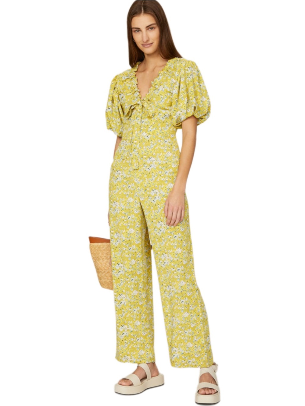 Love Whit Anthro Yellow Floral Print Puff Sleeve Bow Neck Jumpsuit Size Large